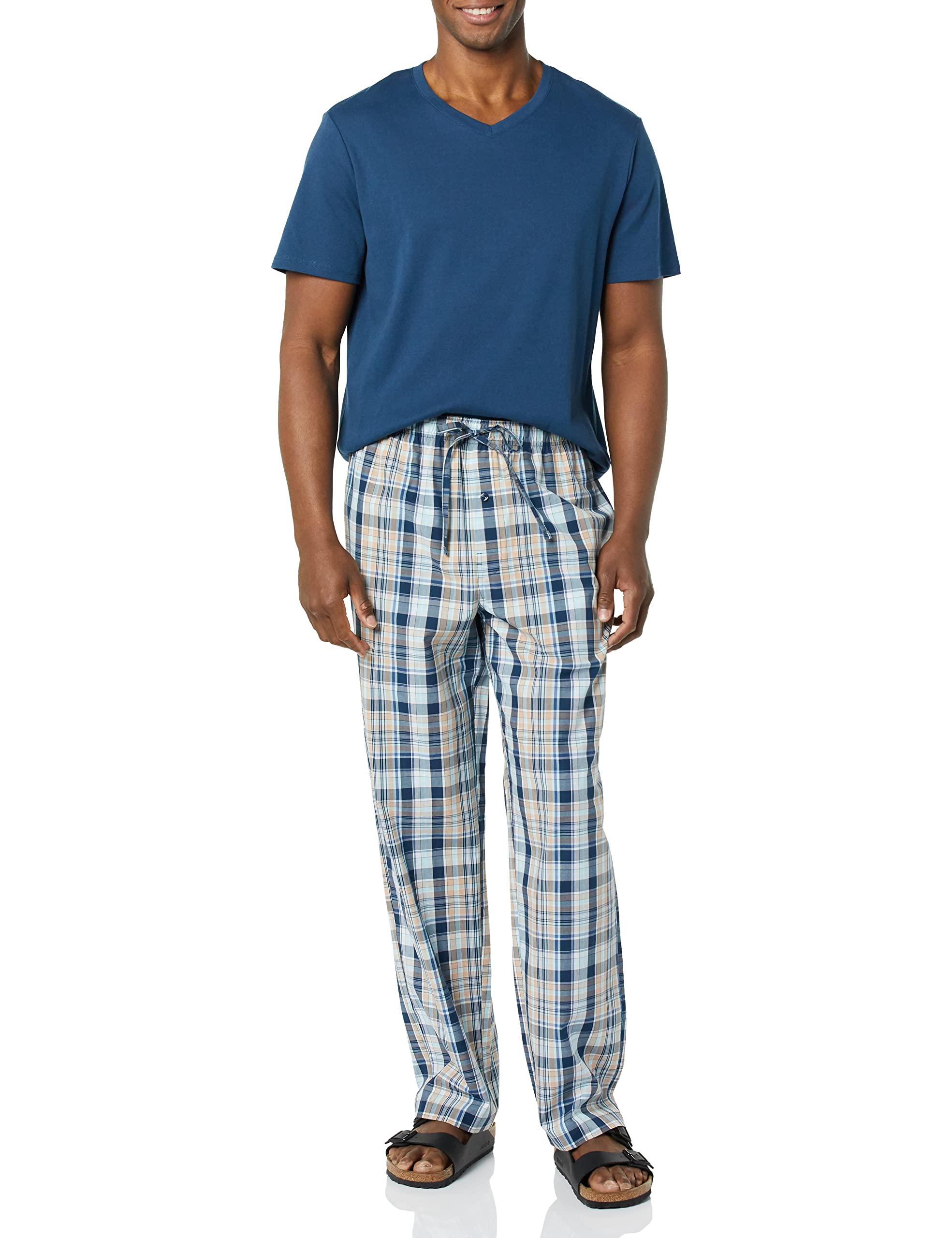 Amazon Essentials Men's Cotton Stretch Poplin Trouser With Cotton Jersey T-shirt Pyjama Set, Indigo/Taupe/Navy, Madras, XXS