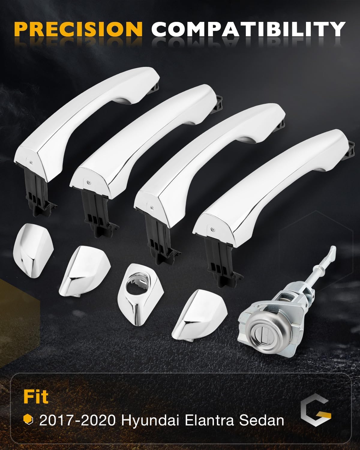 Outside Chrome Door Handles, w/Lock Cylinder & Keys, Compatible with 2017-2020 Hyundai Elantra Sedan, Exterior Front & Rear Left & Right Side Door Handle Set (4 PCS), OE# 82651F2010, 81970F0000