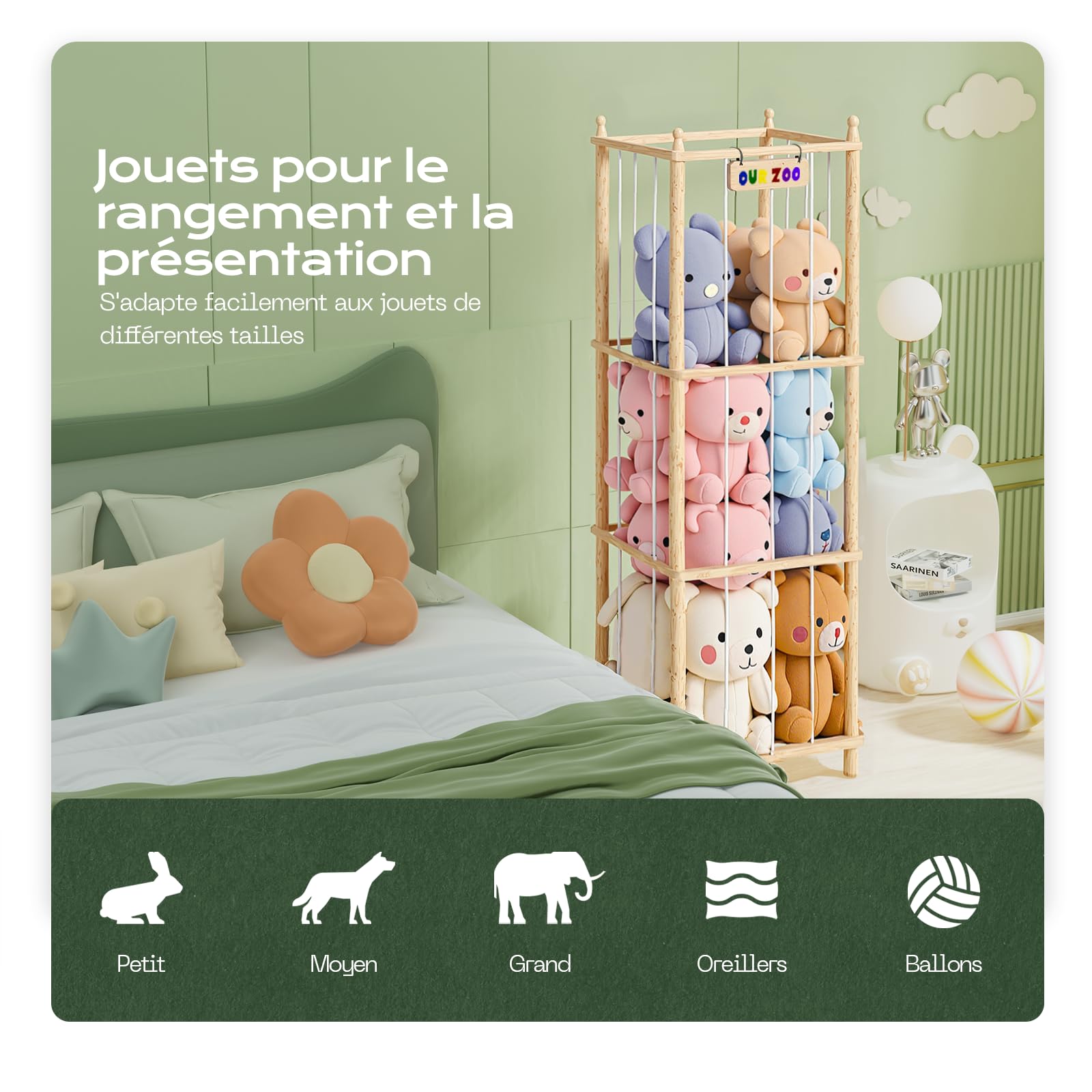 Rangement Peluche de Enfant, Range Peluche en Bois Gain de Place, 135 * 40 * 40CM Rangement Jouet Enfant pour Salle de Jeux, Chambre d'enfant, Chambre à Coucher, Salon