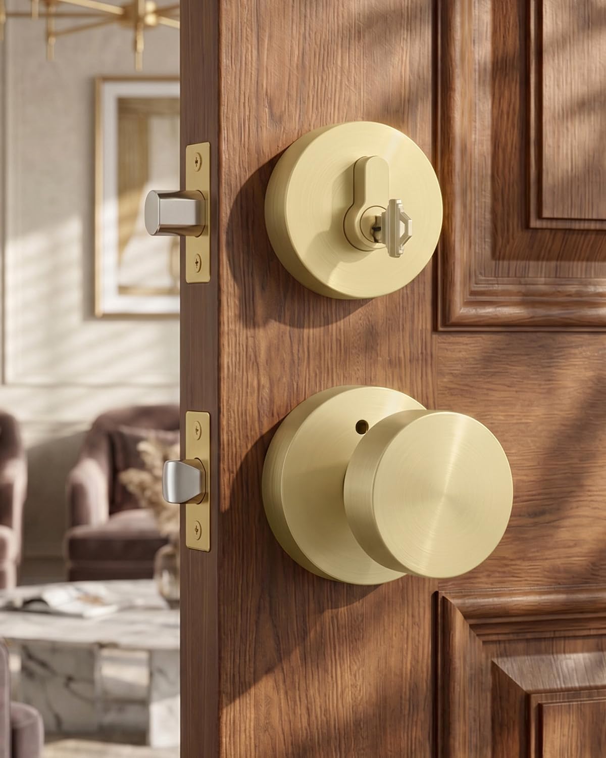 Goldenwarm Gold Door Knob with Deadbolt, Exterior Front Door Knobs and Single Cylinder Deadbolt, Matte Black Front Door Locks Set - Zinc Alloy (1 Pack)