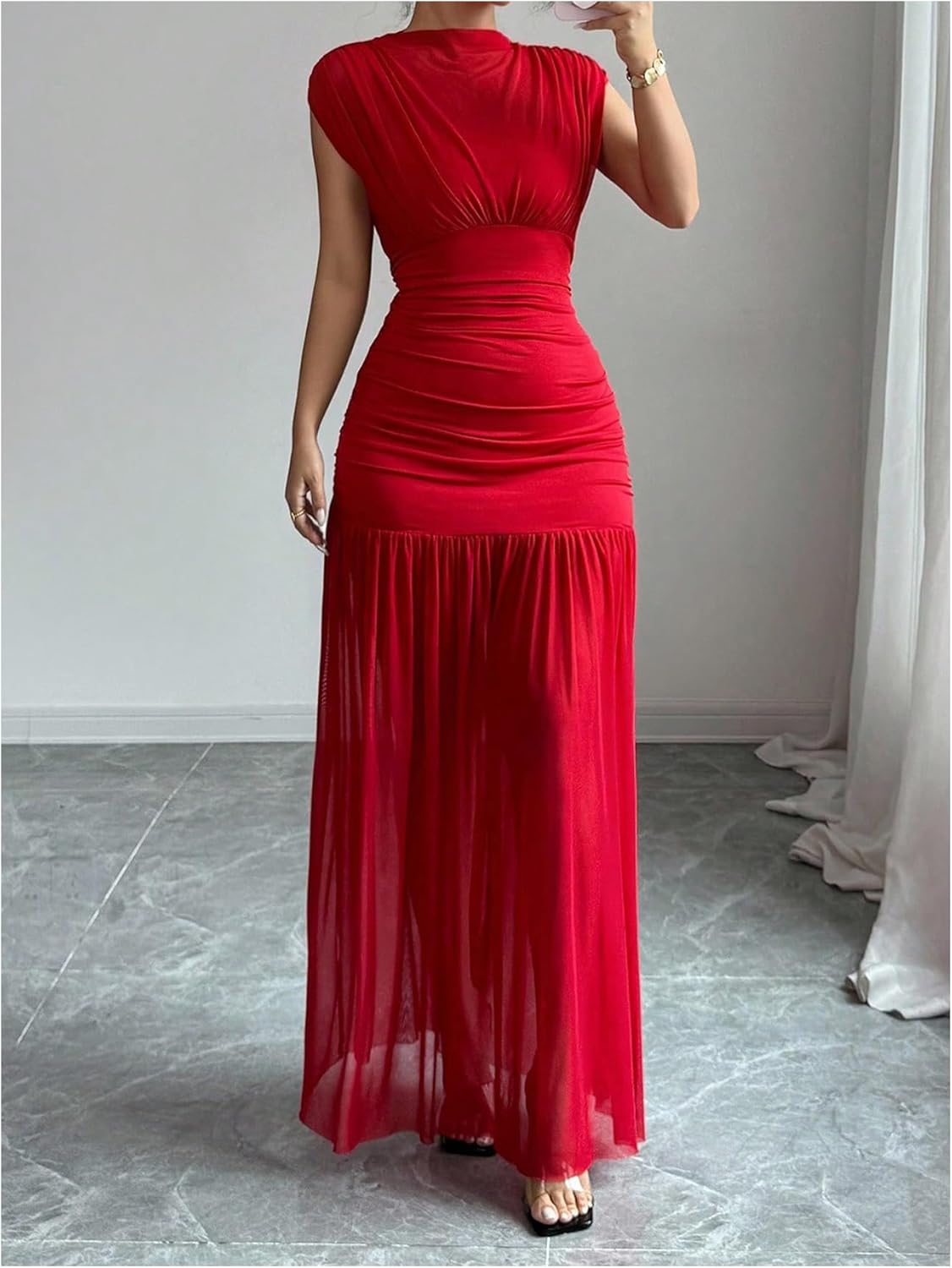 GORGLITTER Women's Mesh Bodycon Maxi Dress Mock Neck Cap Sleeve Wedding Guest Cocktail Birthday Dinner Going Out Dress - Image 5