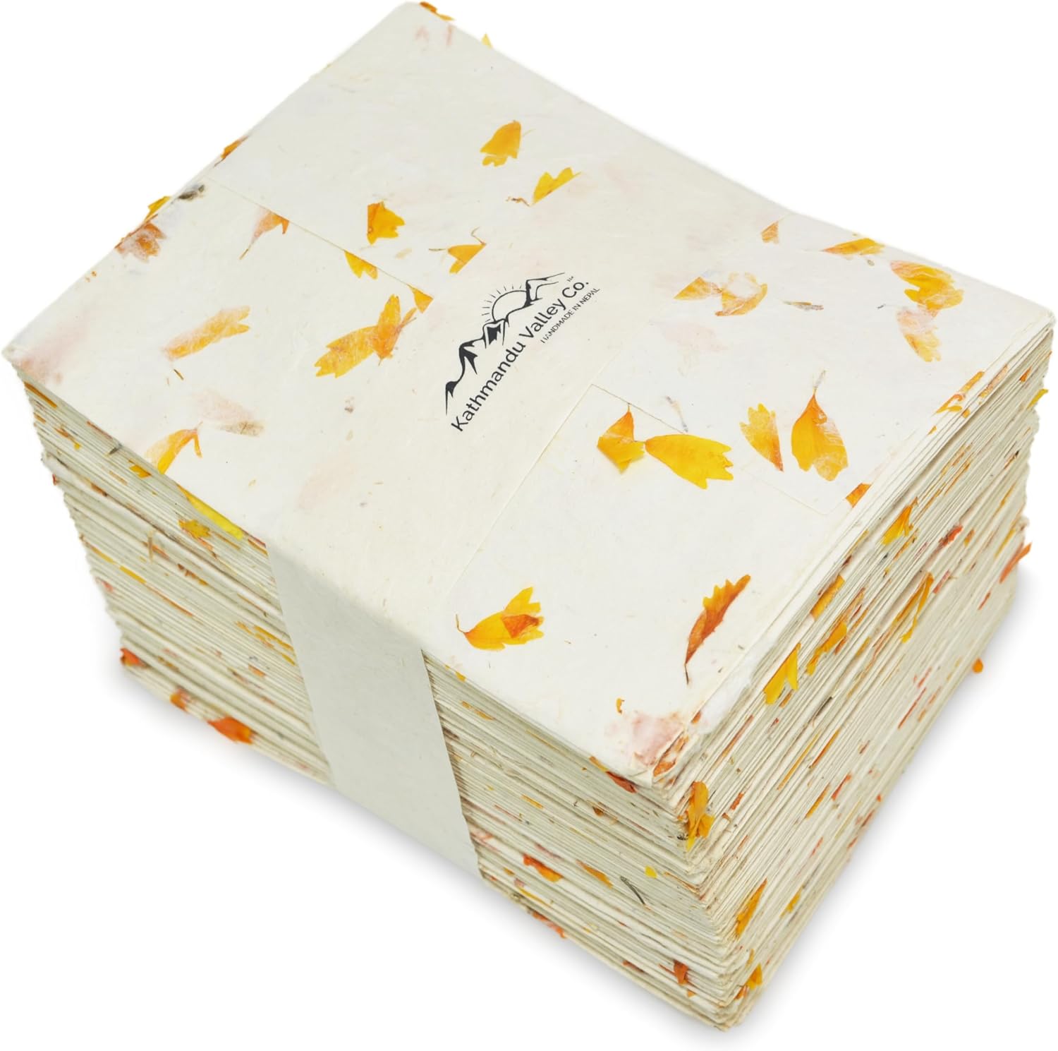 Kathmandu Valley Co. 5.5 x 7.5 inch Handmade Lokta Paper Envelopes for 5x7" Wedding Invitations, Announcements, Vintage Envelopes with Pressed Marigold Flower Petals. Made in Nepal. (Pack of 100)