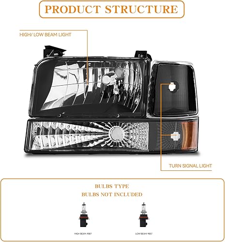 Miniatura 2 de Faros delanteros para GMC Sierra 1500 2007-2013, montaje de faros LED para Sierra 2500HD 3500HD 07-14 - Reflector ámbar de carcasa negra