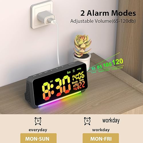 Miniatura 2 de Reloj despertador digital de 120 db para dormitorios, 15 sonidos de despertador, despertador digital para adultos que duermen pesados, luz nocturna