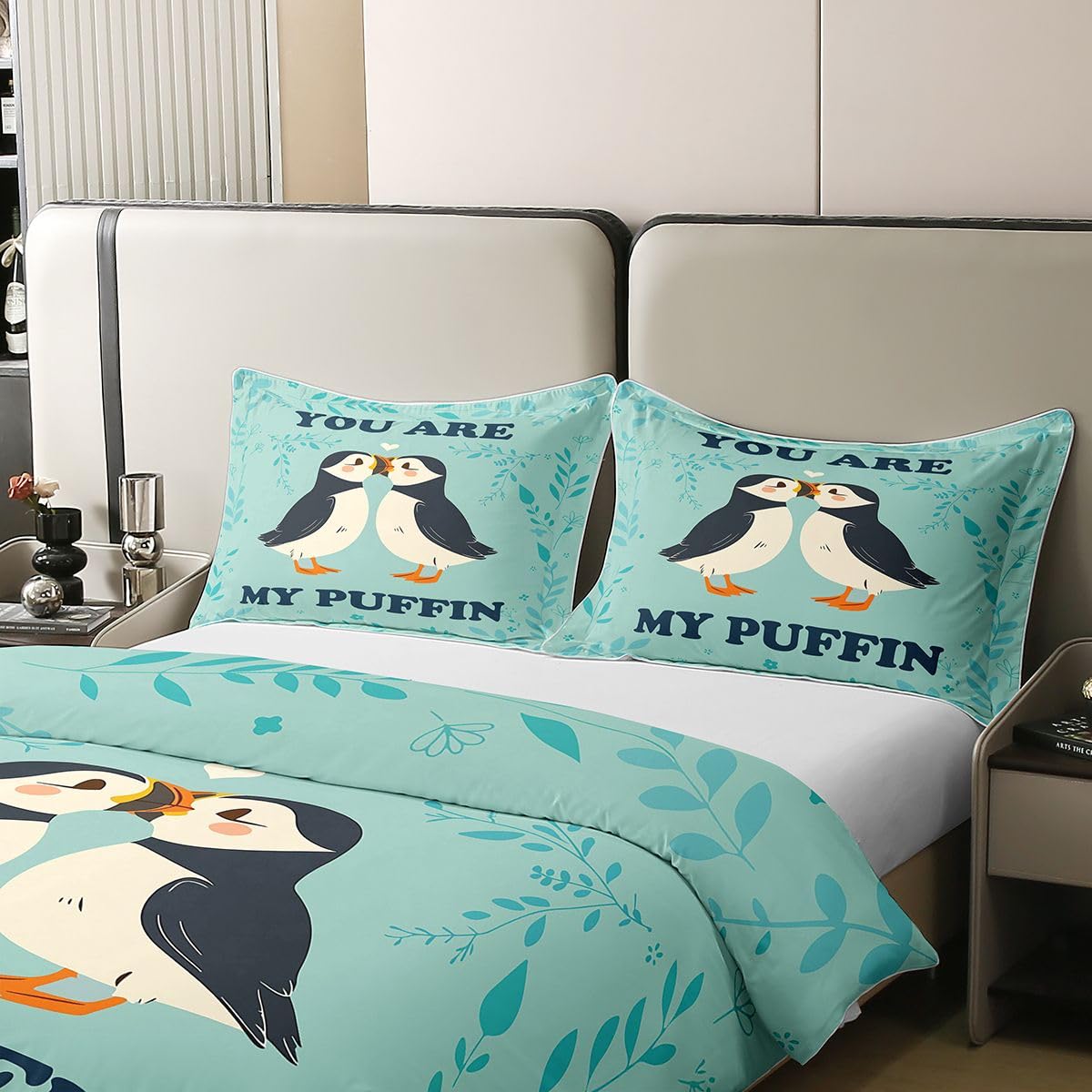 Homewish Pärchen Papageientaucher Baumwolle Bettwäsche 220x240 Frisch und Romantisch Mintgrün Bettbezug Cartoon Tiere Puffin Bird Bettwäsche Set Pflanzen Blätter Blumen Herz Dekor Bedding Raumdekor