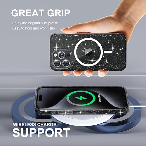 Miniatura 6 de Choiche Funda magnética para iPhone 15 Pro Max, funda transparente con purpurina brillante para mujer, 3 protectores de lente de cámara con