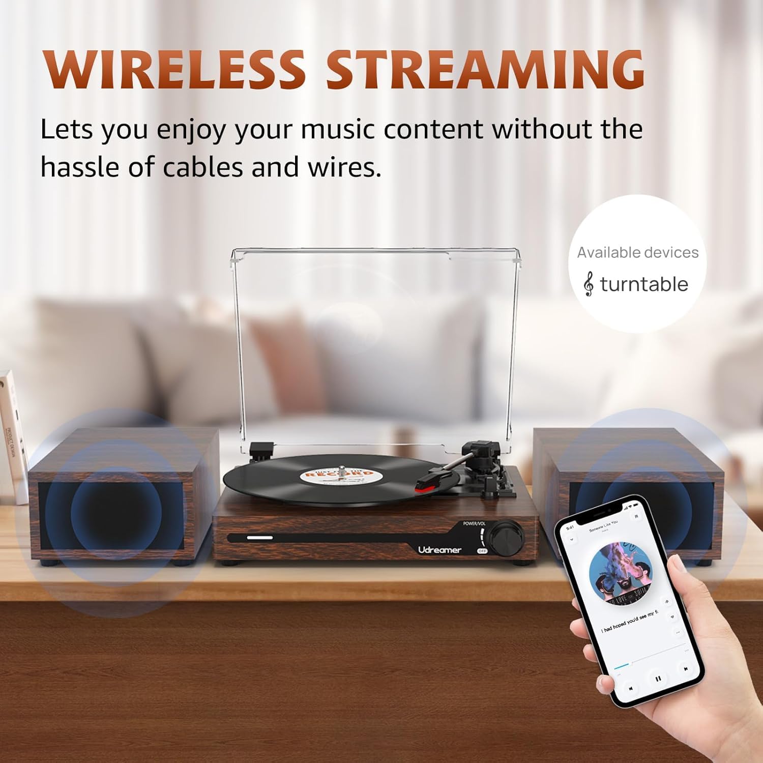 Udreamer Platine Vinyle avec 2 Haut-parleurs Stéréo Doubles, Vintage Tourne-disqu Bluetooth 5.3 Prend en Charge 3 Vitesses, Entrée Auxiliaire, Ligne RCA, USB,Lecture sans Fil, Noyer