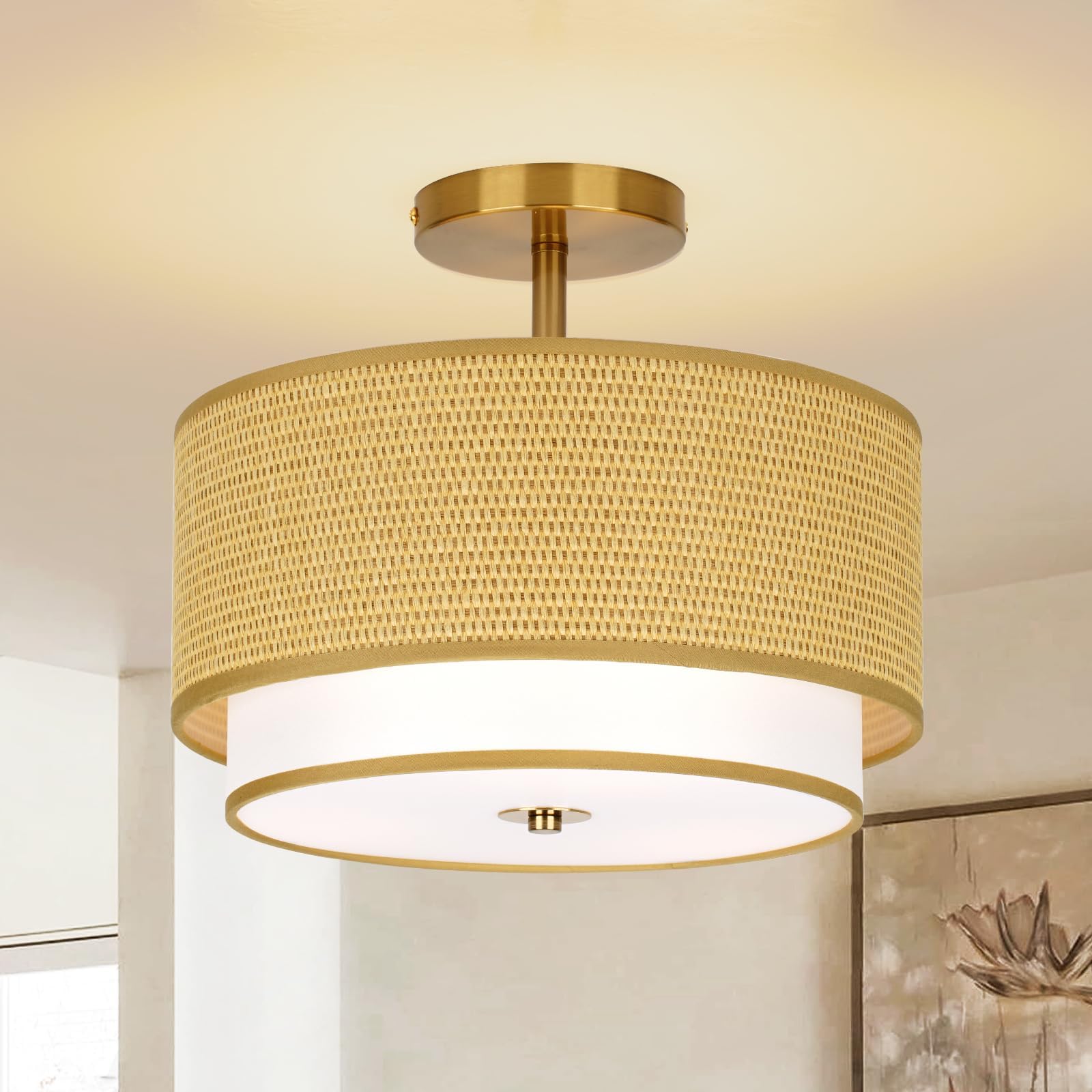 Vexagyle Boho Light Fixtures Woven Rattan-Style Flush Mount Ceiling Light, 12.6inch Closed to Ceiling Light Fixture with 2-Tier Drum Design for Bedrooms, Kitchen, Dining Room, Hallway