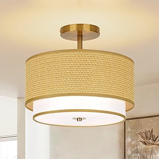 Boho Light Fixtures Woven Rattan-Style Flush Mount Ceiling Light, 12.6in...