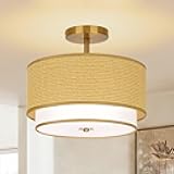 Vexagyle Boho Light Fixtures Woven Rattan-Style Flush Mount Ceiling Light, 12.6inch Closed to Ceiling Light Fixture with 2-Tier Drum Design for Bedrooms, Kitchen, Dining Room, Hallway