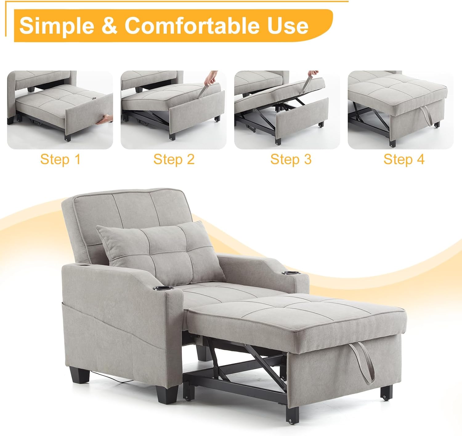 Zimtown Sleeper Chair, 3-in-1 Multi-Functional Pull-Out Sofa Bed, Adjustable Back Futon Sofa with USB, Side Pocket, Cup Holder, for Living Room/Apartment/Office/Small Space,Light Gray