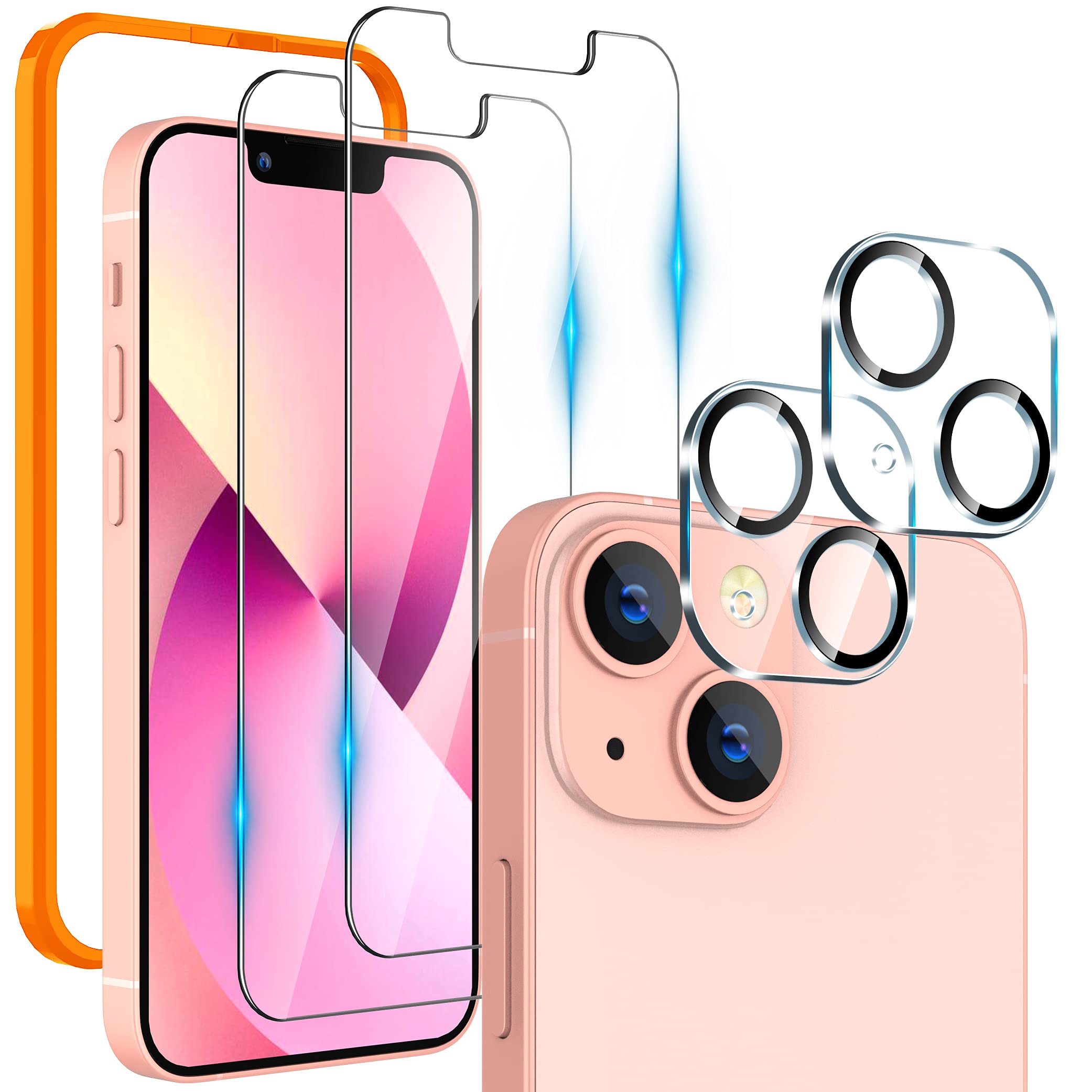 [2+2 Pack] UniqueMe Screen Protector Compatible with iPhone 13 6.1 inch, 2 Pack Tempered Glass and 2 Pack Camera Lens Protector, 9H Hardness [Bubble Free] HD Clear Film