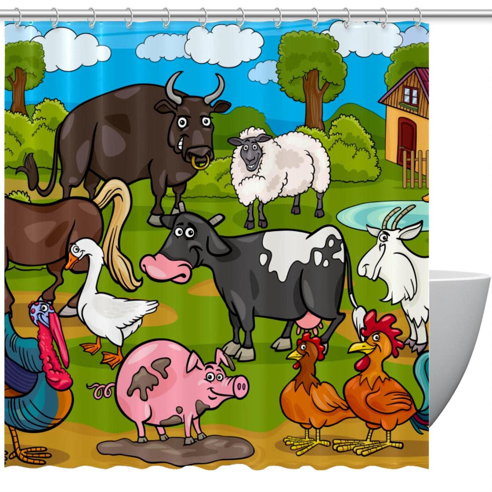 Rideau de douche imperméable anti-moisissure lavable motif animaux de la ferme coloré