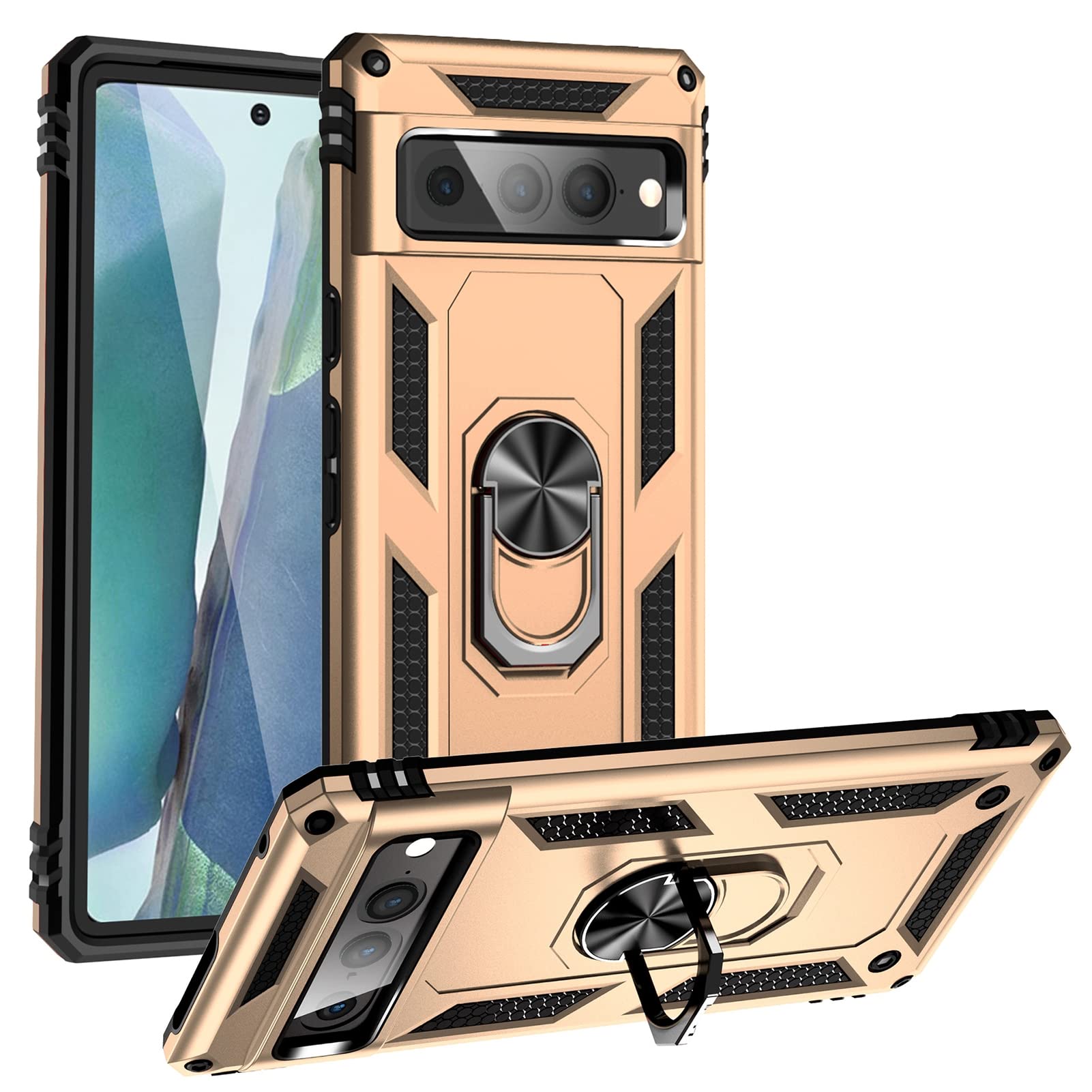 PROPFE Wytrzymałe etui pancerne do Google Pixel 7/7 Pro, stojak na pierścień, odporny na wstrząsy, wojskowa klasa ochronna, twardy zderzak, etui na telefon komórkowy, kolor złoty, 7Pro 6,7''