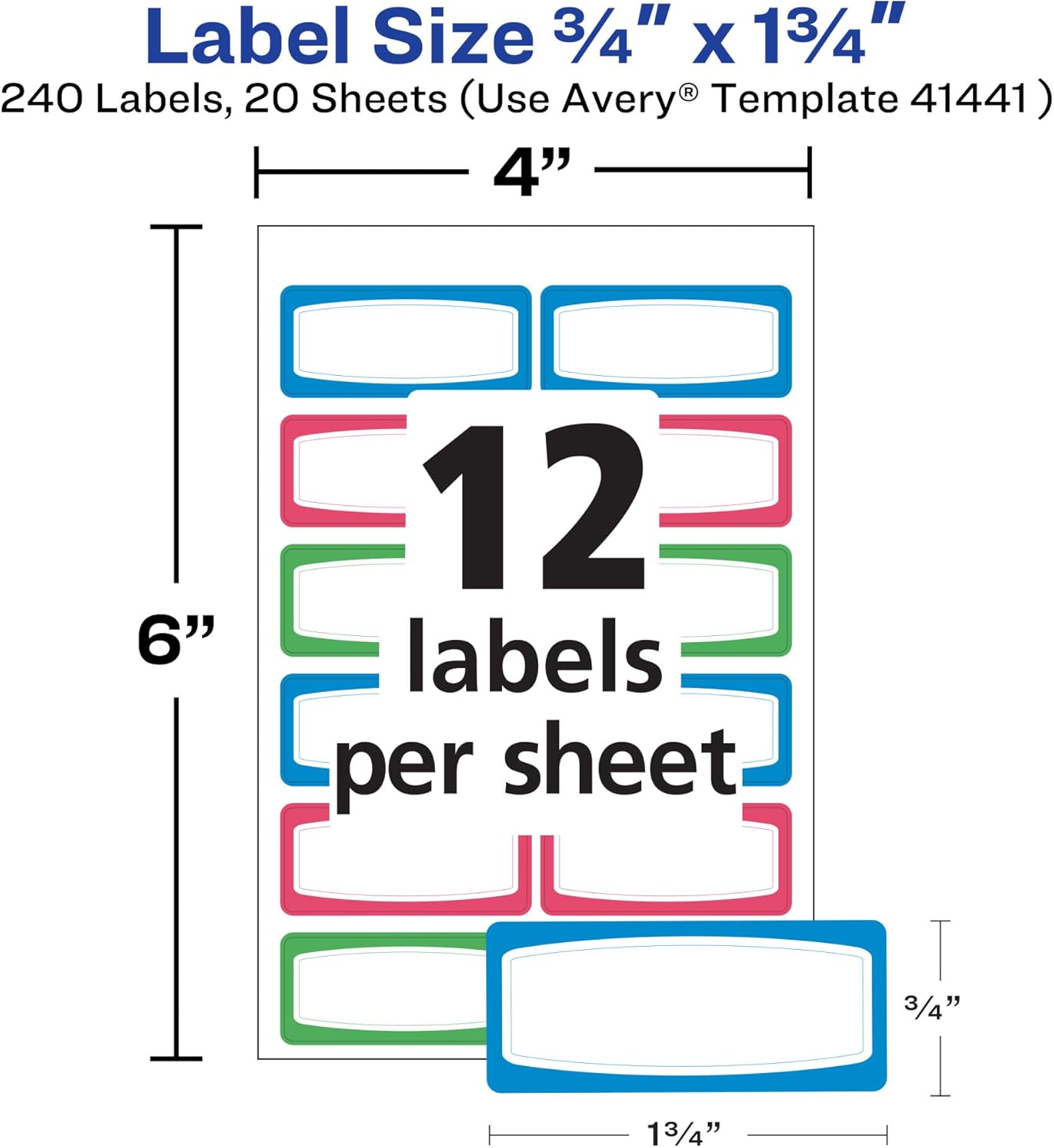 Avery Durable Labels for Kids' Gear, 3/4" x 1-3/4", Assorted Border Colors, Water-Resistant Labels, 4 Packs, 240 Stickers Total (21943)