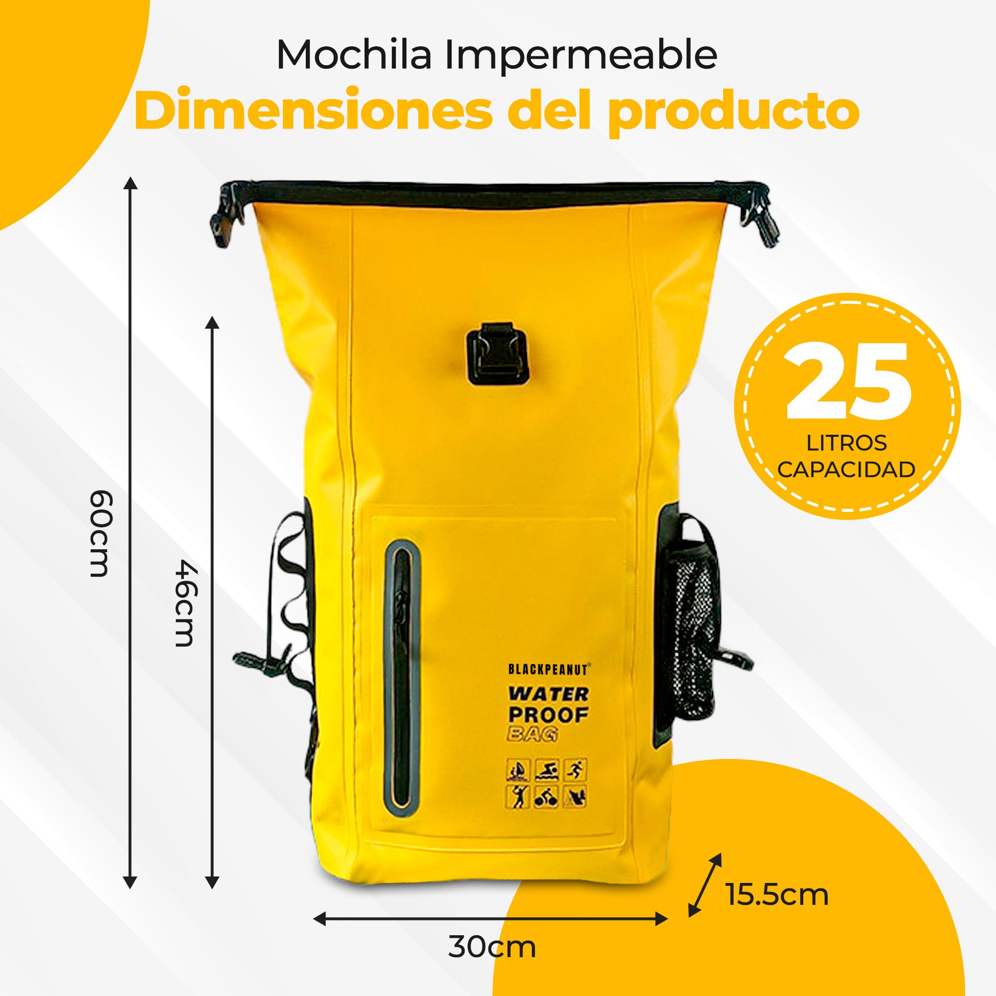 Mochila Estanca 25L Negro Bolsa Seca Impermeable Kayak Playa | Bolsillo exterior para botella, tirantes acolchados, dry bag ligero, pesca, paddle surf, camping y senderismo