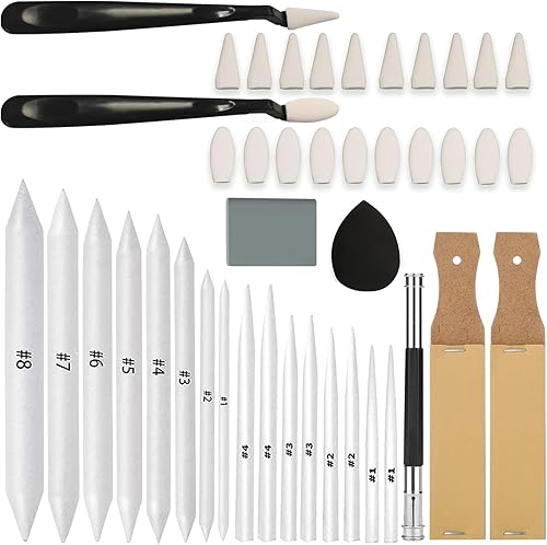 43 piezas de tocones de mezcla y tortillones de papel para mezclar arte y bocetos, herramientas de dibujo con raspadores de borrones, esponja para