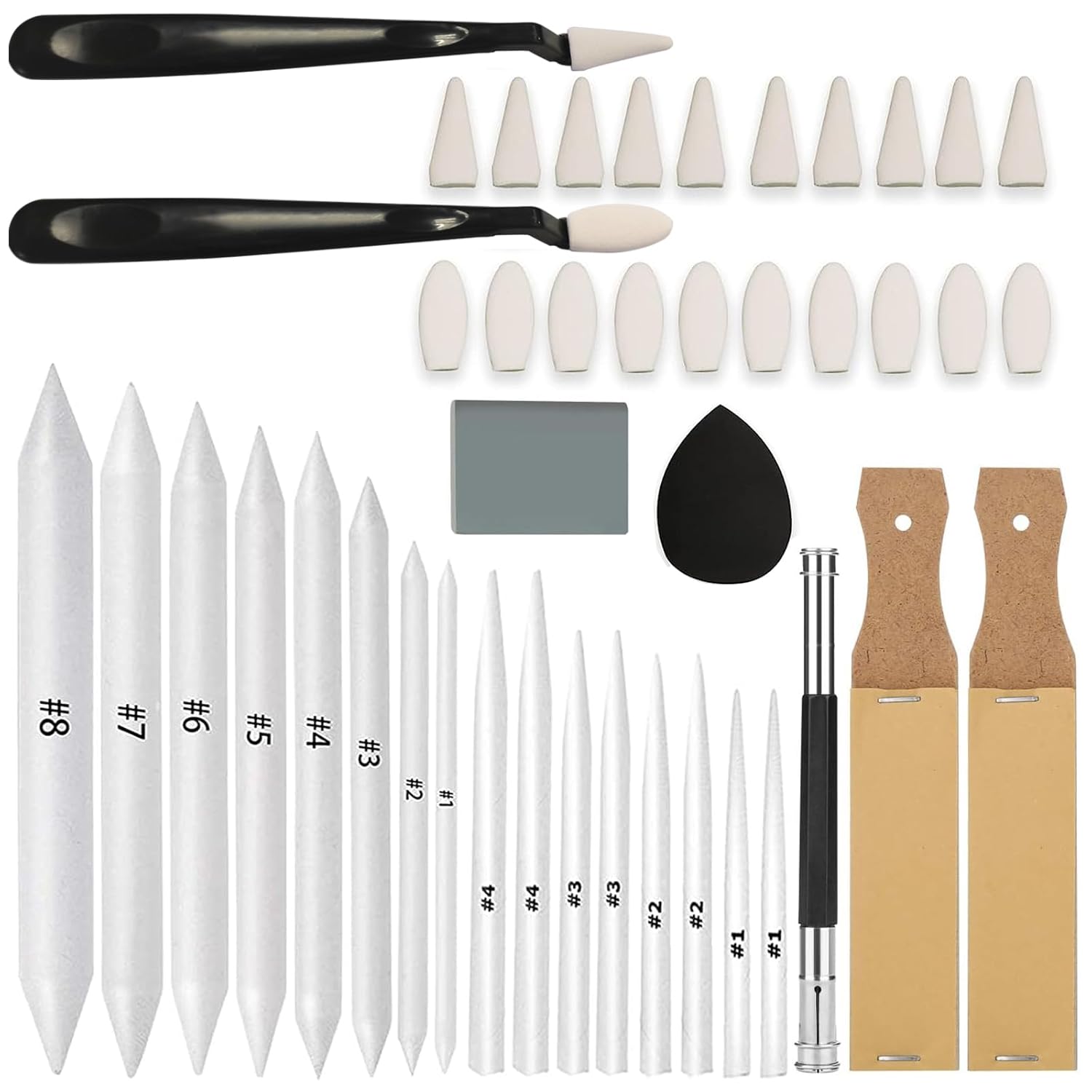em 43 PCS Blending Stumps and Tortillions Paper Art Blenders Sketch Drawing Tools with Sketch Wipe Scrapers,Rub Sponge,Kneaded Eraser and Sandpaper Sharpeners