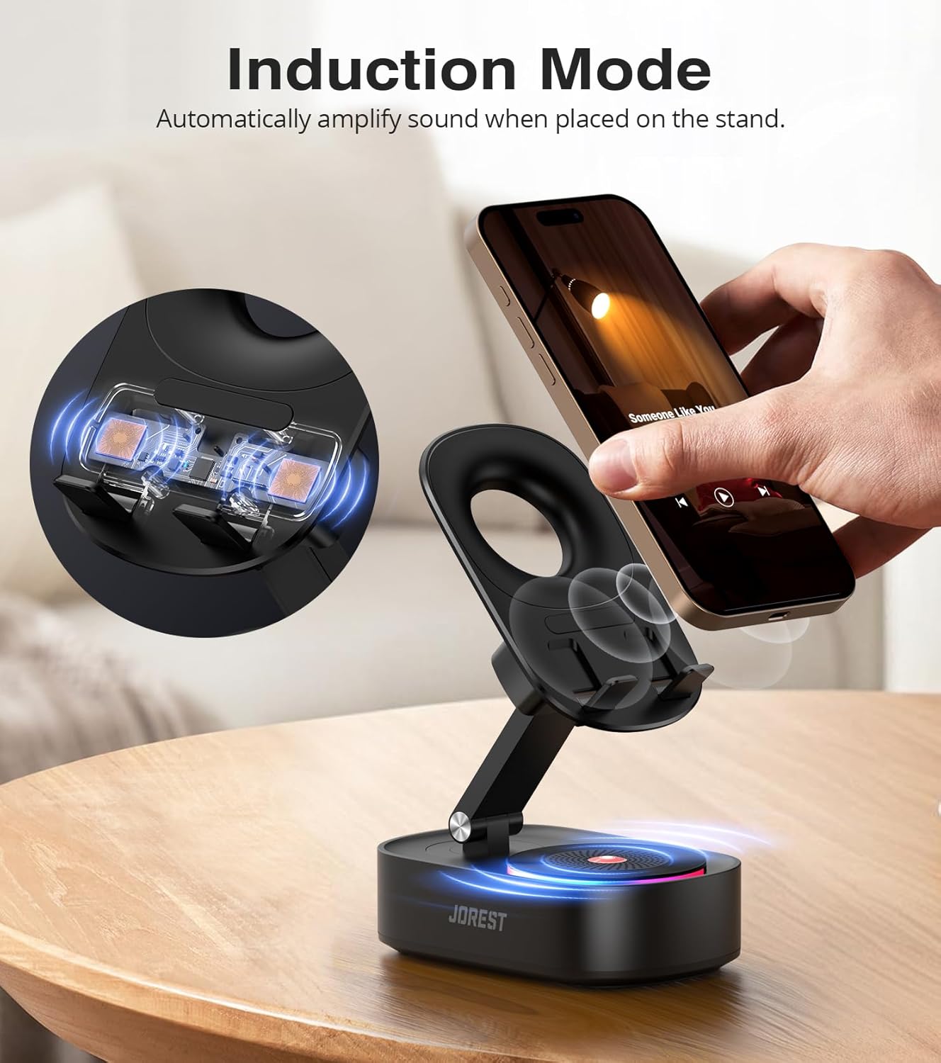 Jorest Wireless Induction Speaker,Cell Phone Stand with Bluetooth Speaker,Valentine's Gifts for Older Men Women Teenage Boy,Ampilifer Gadget Foldable with iPhone/Ipad,Birthday Gift for Dad Father - Image 2