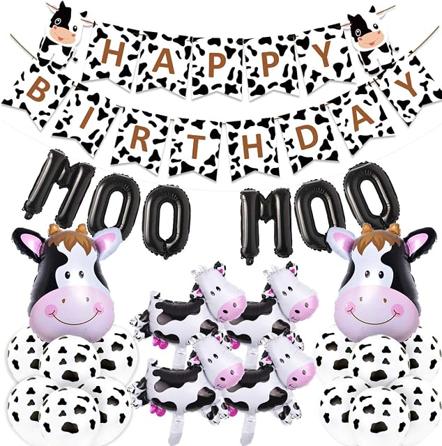 Cow Theme Party Decorations Kit, Happy Birthday Banner MOO MOO Balloon for Farm Cow Baby Shower Birthday Party Supplies