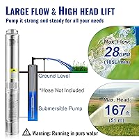 Vista 3 de VEVOR Bomba sumergible de pozo profundo, 0.5 HP 230 V/60 Hz, cabezal de 28 gpm y 167 pies, con cable eléctrico de 33 pies, bombas de agua de acero