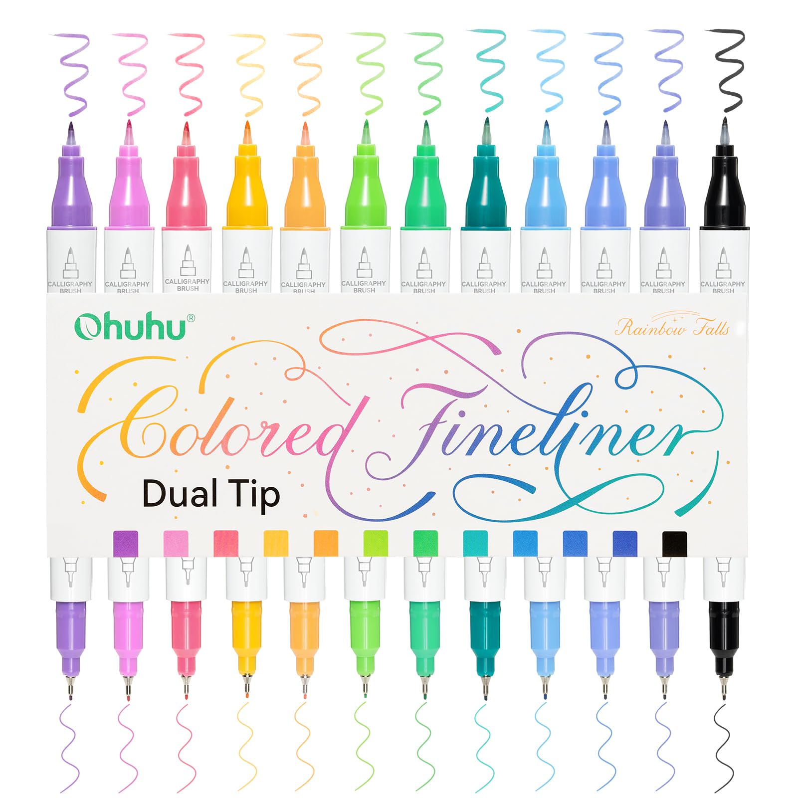 Ohuhu Fineliner Pens, 12 Colours Waterproof & Alcohol-proof Calligraphy Brush & Fine Liner Dual Tips Fineliners for Adults Artists & Beginners Watercolour Drawing Sketching Manga Anime Bullet Journal