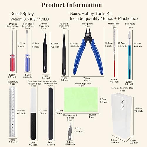 Miniatura 2 de Spilay Kit de herramientas de bricolaje de 16 piezas, modelo de construcción de hobby, modelador básico en miniatura, hecho a mano, herramientas