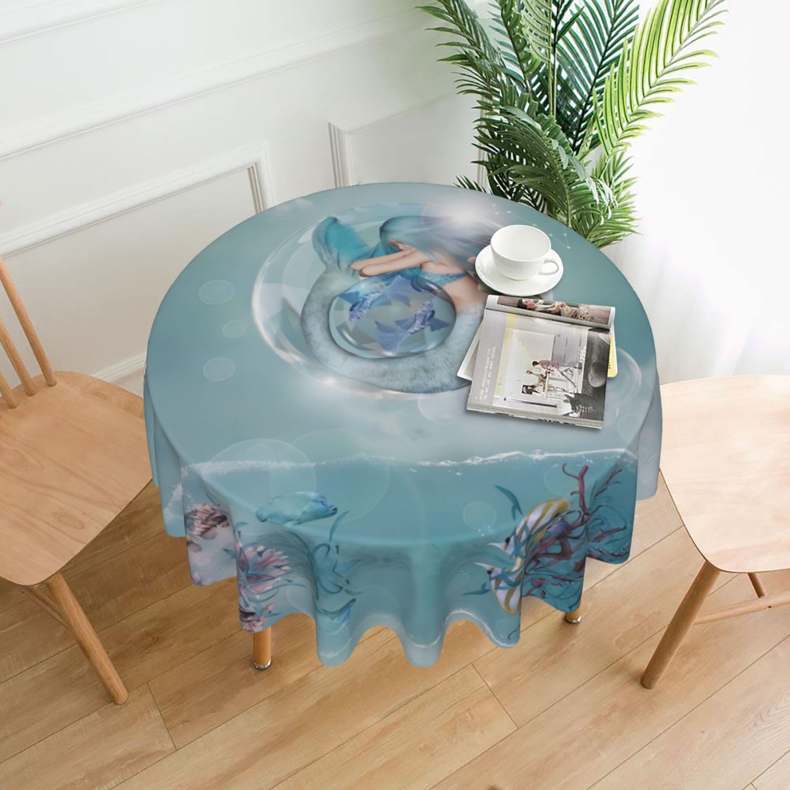 YYHWHJDE Mermaid Prints Round Decorative Tablecloth 60in - High-Grade Polyester Throw for Elegant Dining & Festive Gatherings