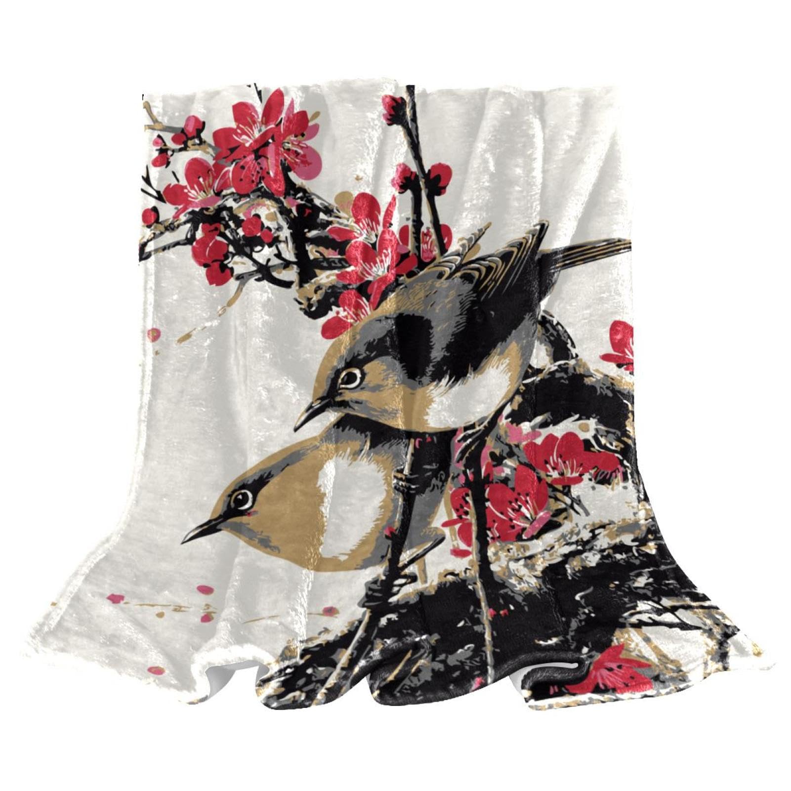 Couverture polaire oiseaux chinois prune anti-froid pour canapé et lit de bureau