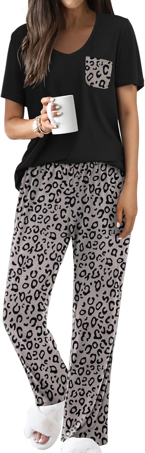 Ekouaer Pajama Sets for Women Short Sleeve Pj Set V Neck Sleepwear Chest Pocket with Long Pants Casual Loose Loungewear