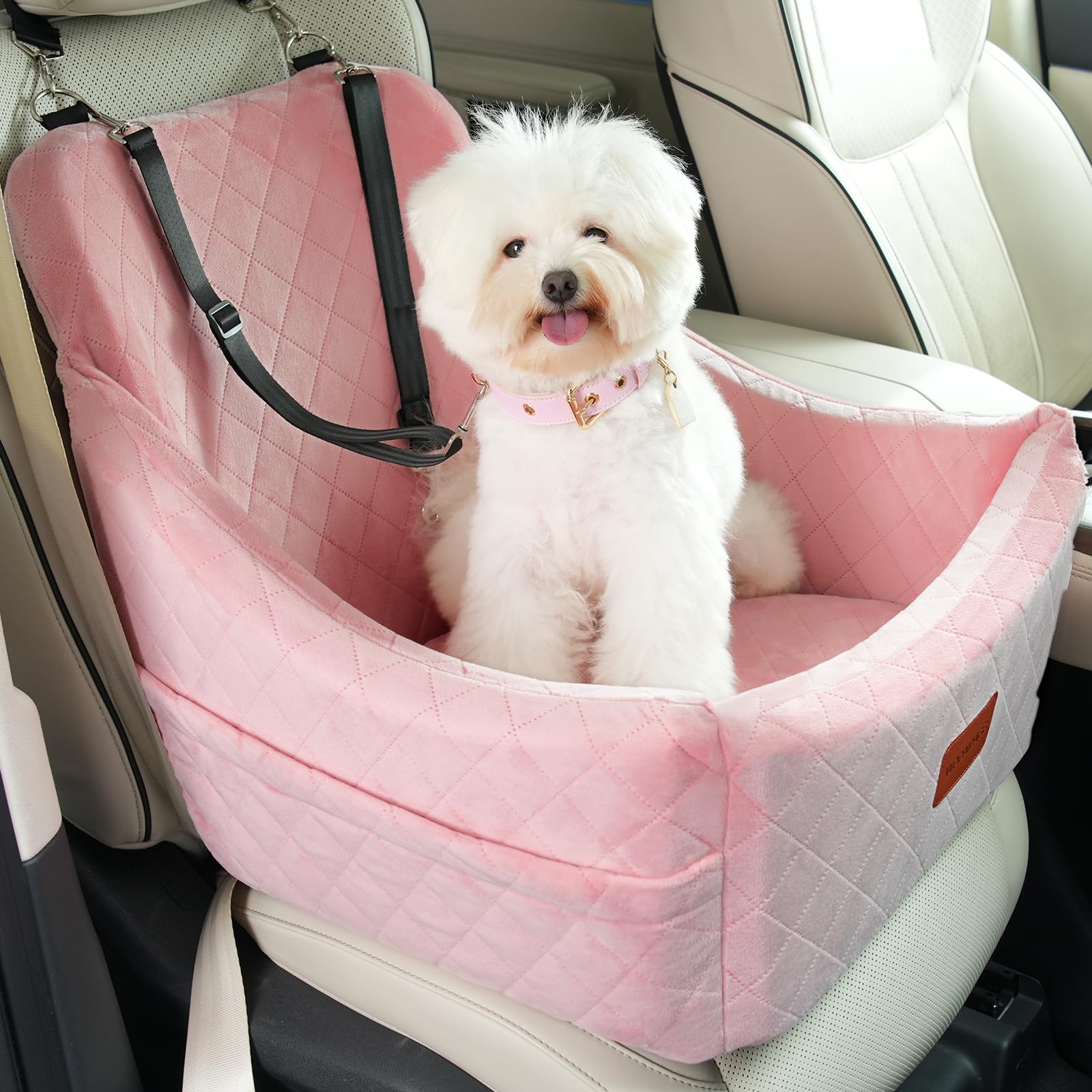 Hundeautositz für mittelgroßen Hund, Haustierreise-Autobett mit Sicherheitsgurt Channle, Abnehmbarer und waschbarer Autohundesitz mit verstellbaren Gurten, (Pink, Medium)