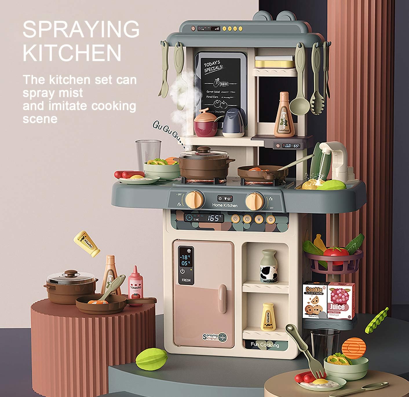 F4GOGO Little Kitchen Play Set, Kids Play Kitchen with Realistic Lights & Sounds, Simulation of Spray, Play Sink with Running Water, Utensils Accessories & Pretend Role Play Toys for Boys Girls : Toys & Games