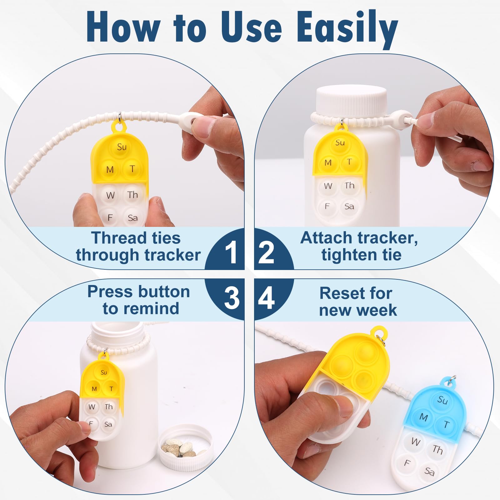 3 Pack Pill Reminder Medication Pill Tracker Bottle with Ties Reusable Daily Medication Tracker Portable with Button 7 Day Memory Aid Medication Dose Silicon for The Elderly Red Yellow Blue(3) — Amazon image 4
