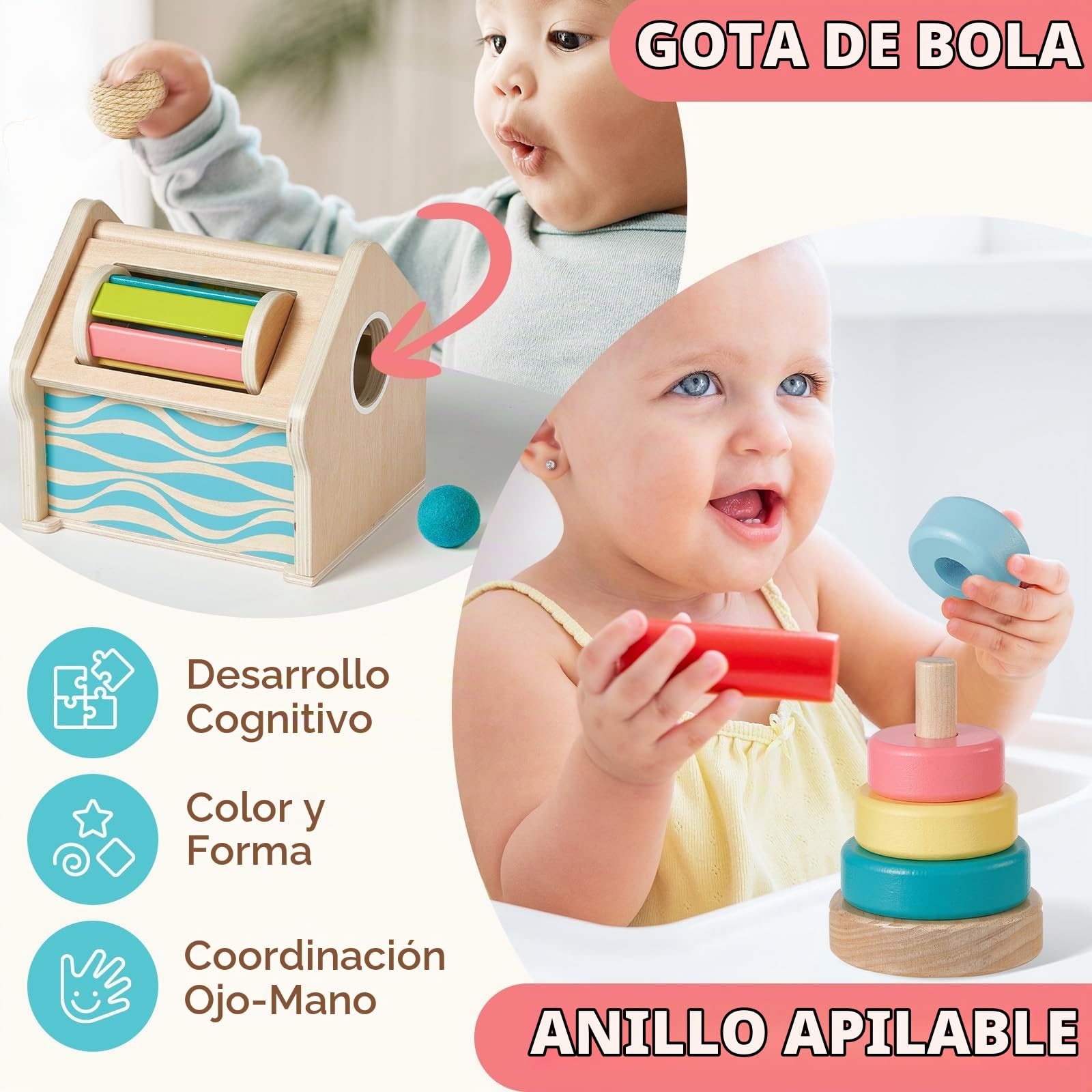 Giant bean Montessori Juguete a partir de 6 – 12 meses, juguete Montessori 5 en 1, torre apilable, juguete sensorial de mordedor, rompecabezas con espejo, caja permanente de objetos, regalo para bebés