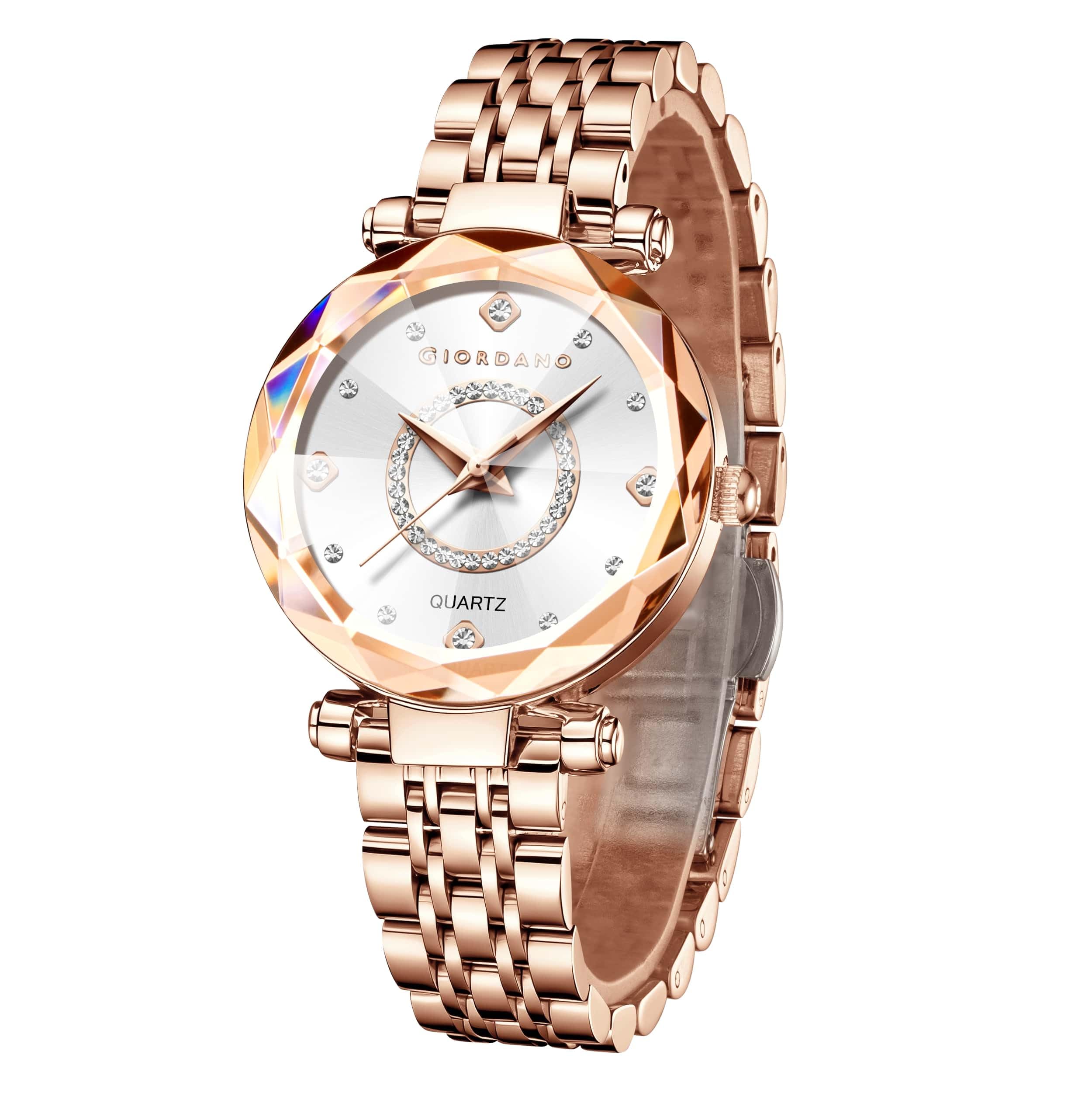Giordano Analog Watch for Women – Round Dial with Crystal Accents, Rose Gold Stainless Steel Strap, Elegant Timepiece (White)
