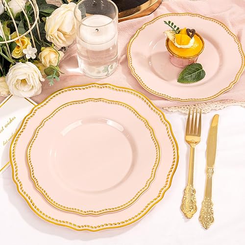 Miniatura 43 de Hioasis 60 platos de plástico dorados, vajilla desechable blanca y dorada con borde dorado, resistente, 10.25 pulgadas, platos llanos para fiestas