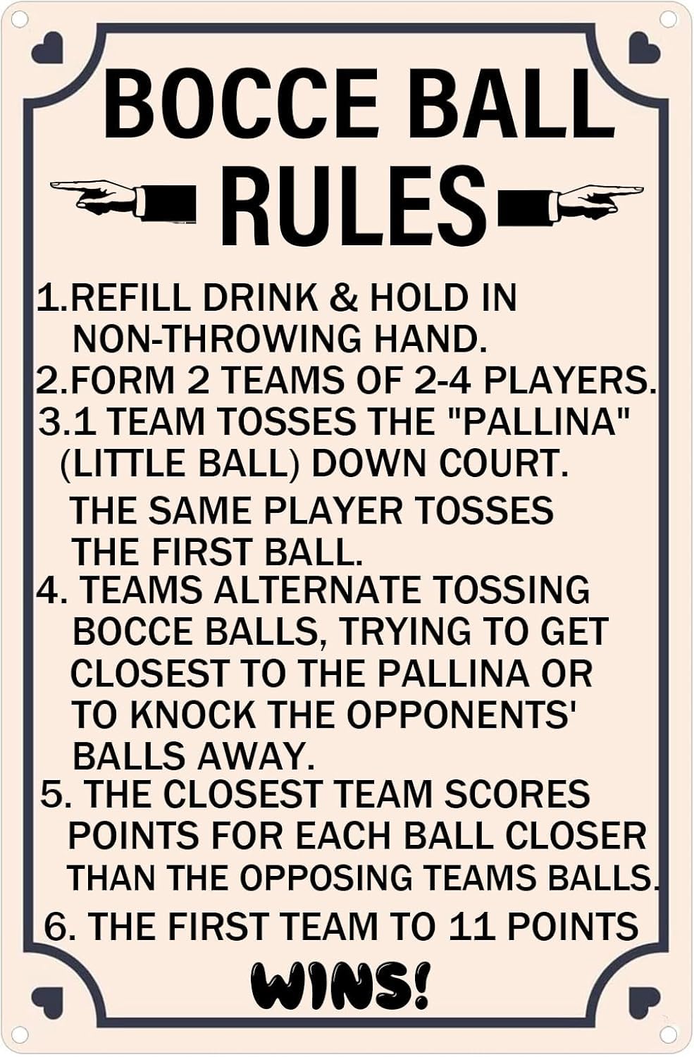 SMAZDFXX Bocce Ball Rules Vintage Metal Tin Signs Scoring Rules Poster Decor Bocce Ball Crossing Tin Painting For Bar Pub Kitchen Home Garage Man Cave Shop Art Sign 5.5"x8"