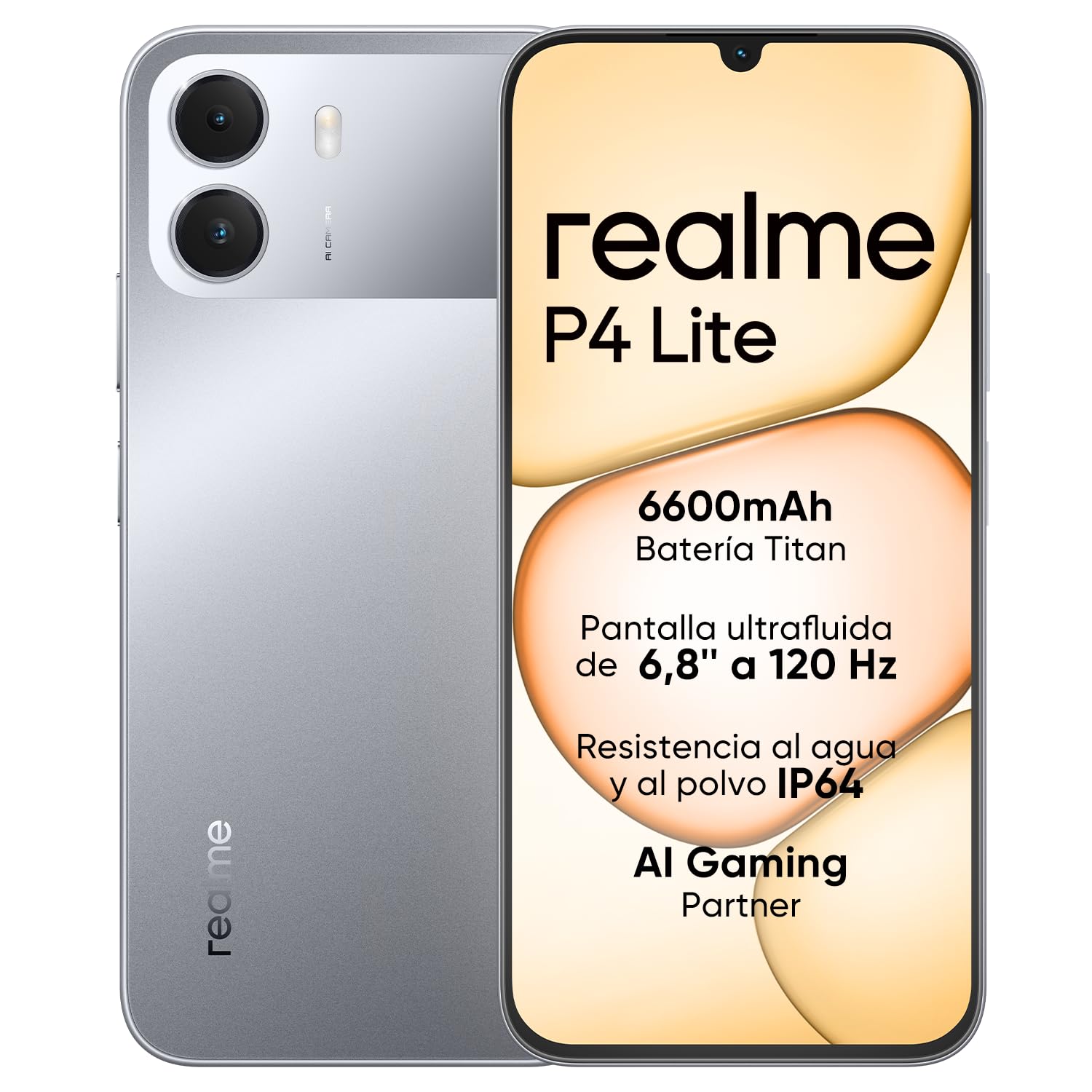 Smartphone realme P4 Lite 4G, 4GB+128GB, Pantalla LCD HD 120Hz 6,8″, Batería Titan 6600mAh, Carga 15W, Carga inversa 6W, IP64 Antipolvo e Impermeable, Sistema Next IA, Gris Titan (Sin Cargador)