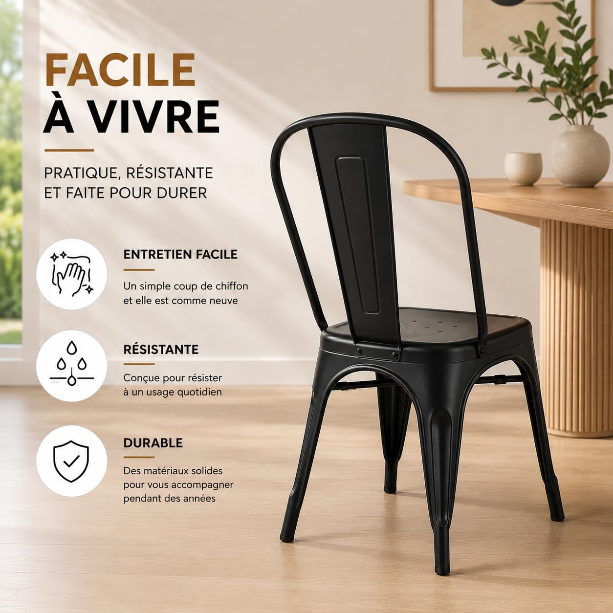 Kosmi Lot de 4 Chaises Industrielles Métal Noir Mat – Chaises de Salle à Manger Empilables – Style Loft Vintage – Cuisine, Salon, Bureau, Restaurant – Structure Acier Robuste