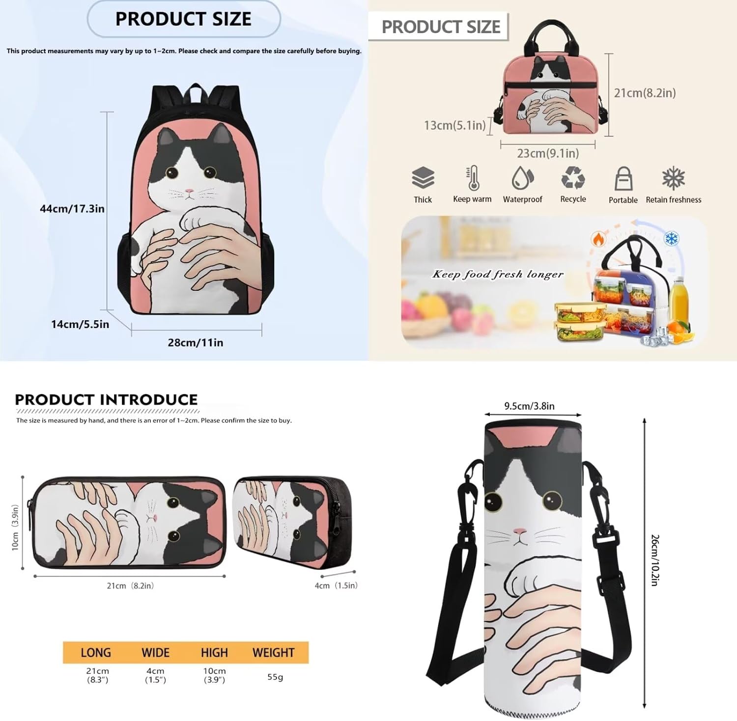 Cartoon Cat Kids Backpack Girls School Bags, Kids Schoolbag Include Leakproof Lunch Box Pencil Case Water Bottle Organizer for Preschool Kindergarten Elementary Bookbag Travel Daypack