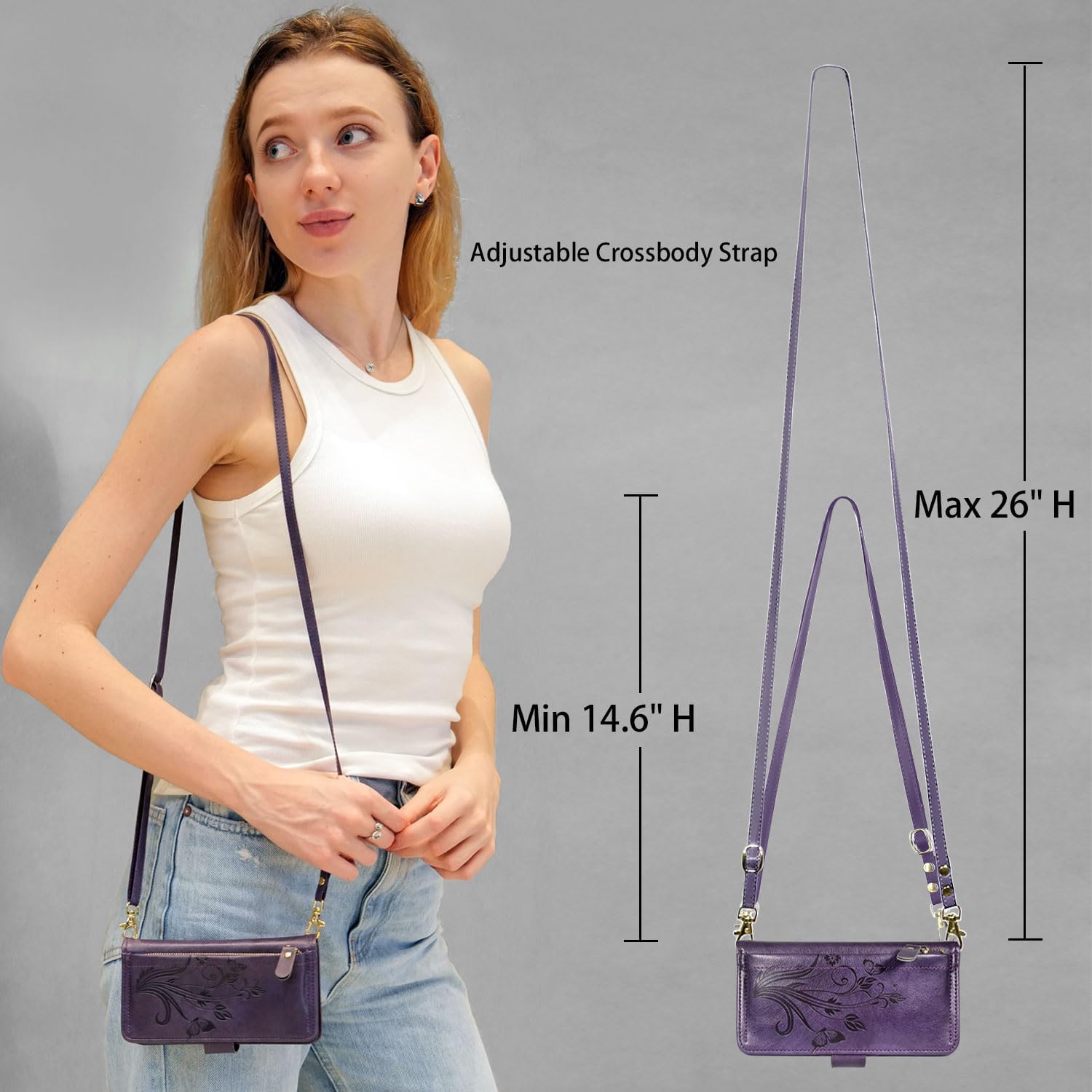 Lacass for iPhone 16 6.1 inch Detachable Crossbody Wallet Case, Compatible with MagSafe Wireless Charging, [Cards Theft Scan Protection], Magnetic Case Stand PU Leather Zipper(Floral Dark Purple)