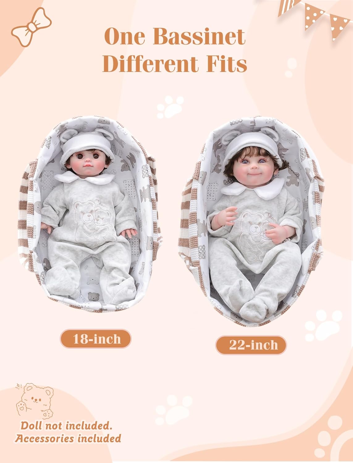 10 Pcs Baby Doll Accessories, Reborn Baby Doll Clothes with Bassinet for 17-22 Inch Realistic Baby Dolls, Pretend Play Outfit Set