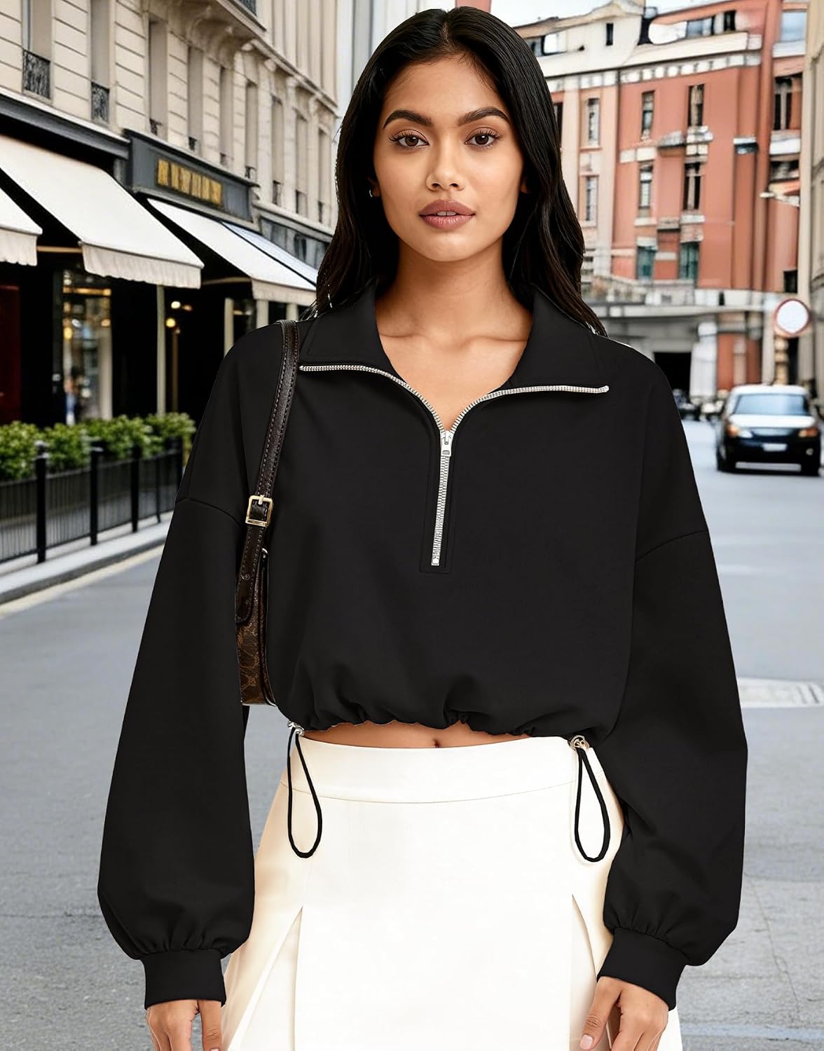 Women’s Half Zip Cropped Sweatshirt, Trendy Long Sleeve Collared Neck Drawstring Hem Pullover Sweatshirts