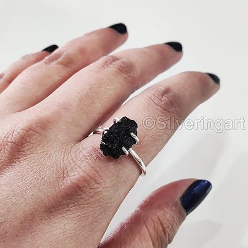 Miniatura 5 de Natural Black Tourmaline Ring, Rough Tourmaline Ring, October Birthstone, Bohemian Ring, 925 Sterling Silver, Womens Ring, Christmas, Thanksgiving,