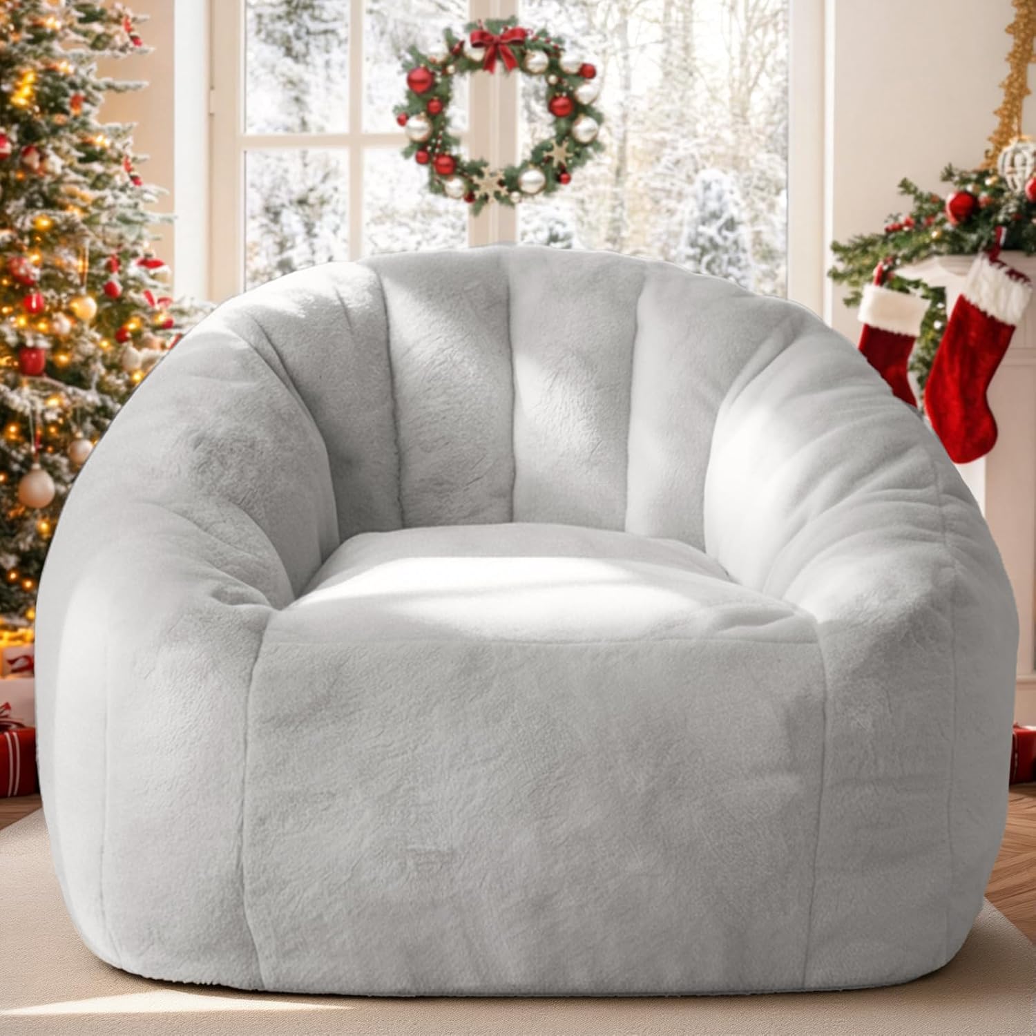 Giant Bean Bag Chairs for Adults with Armrests 47 Inch Large Plush Bean Bag Couch and Kids Fluffy Faux Fur Shell-Shaped Oversized Comfy Stuffed Sofa with Filler for Living Room, Bedroom & Dorm, Gray
