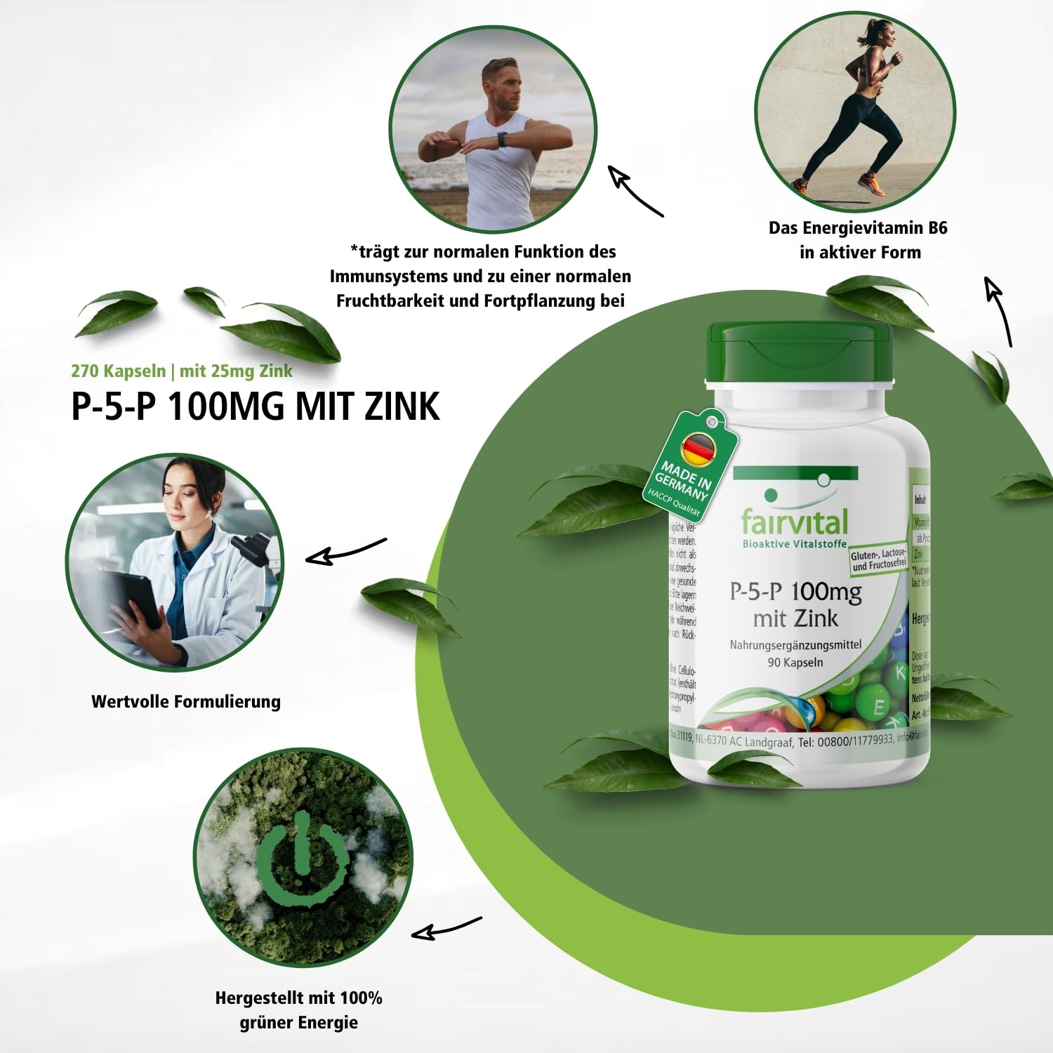fairvital Pyridoxal-5-Phosphat 100mg, 270 Kapseln (90x3), aktives Vitamin B6 P-5-P mit Zink, HOCHDOSIERT & VEGAN