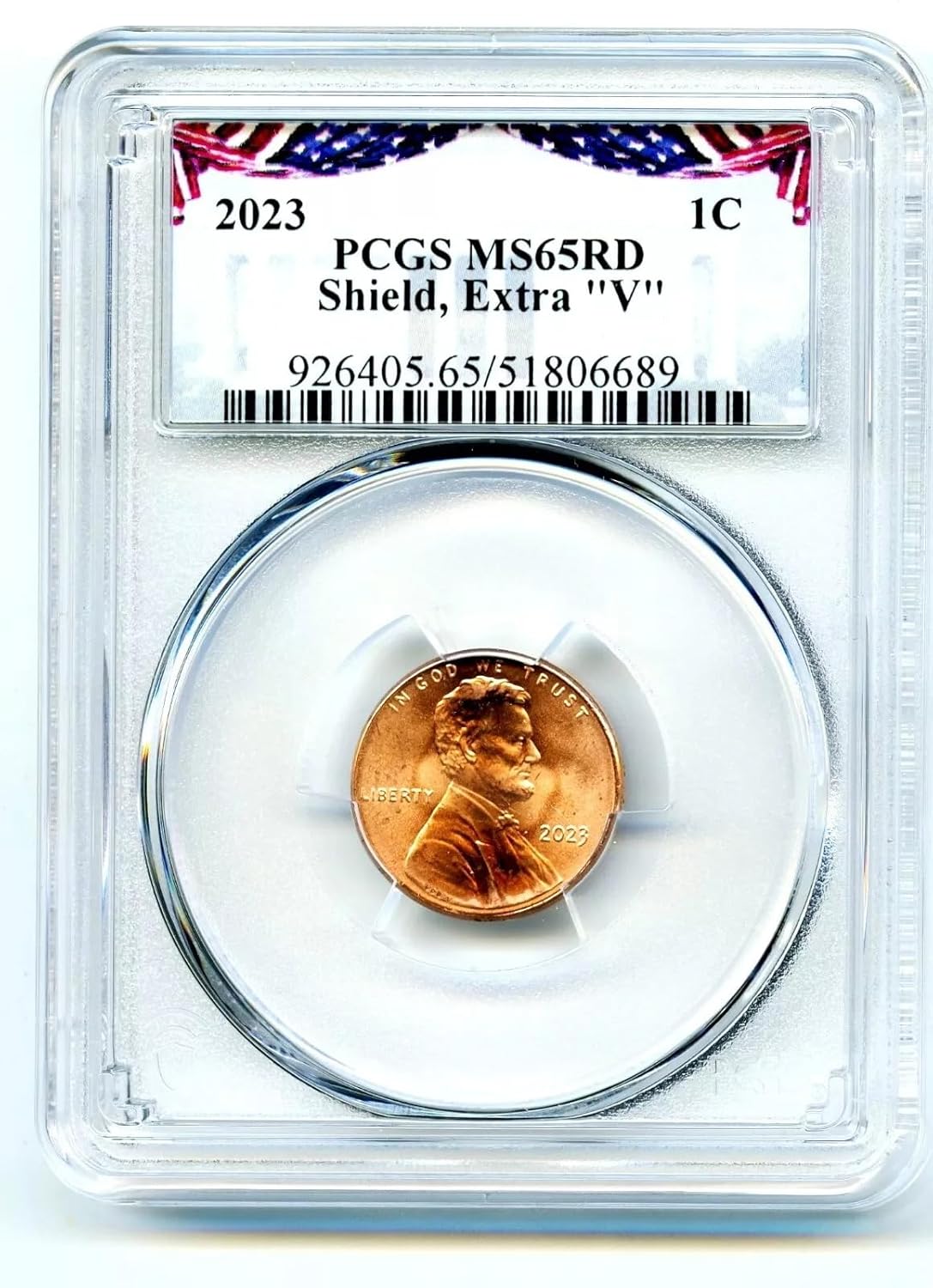 2023 Extra ' V ' Error Lincoln Union Shield Penny PCGS MS65 RD Cent Rare Variety