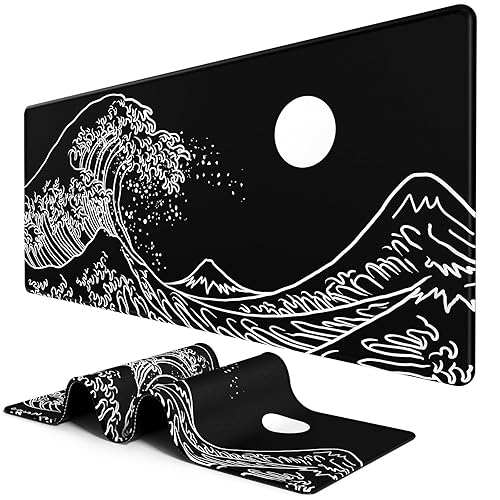 BOSOBO Large Desk Pad, XXL Extended Gaming Mouse Pad & Keyboard Mat, Desktop Full Cover 31.5 x 11.8 Inches, Art Japan Kanagawa Wave Black - XL - 31.5 x 11.8 Inches - Art Japan Kanagawa Wave