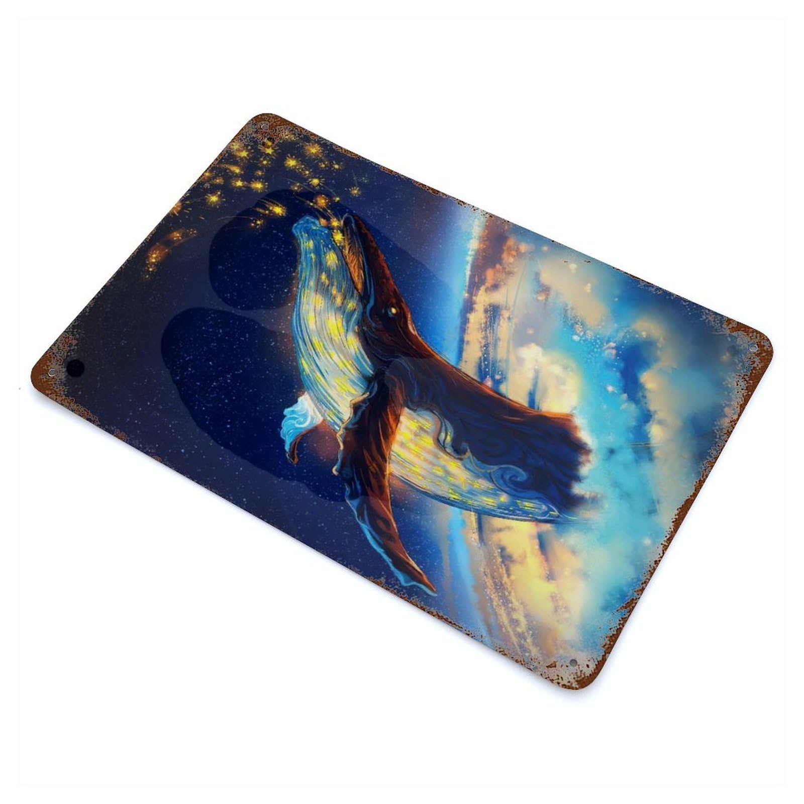 Vintage Rust Metal Sign with Celestial Whale in Starry Sky Design 11.8"x7.9", for Farmhouse, Kitchen And Entryway Decor, Novelty Wall Decor
