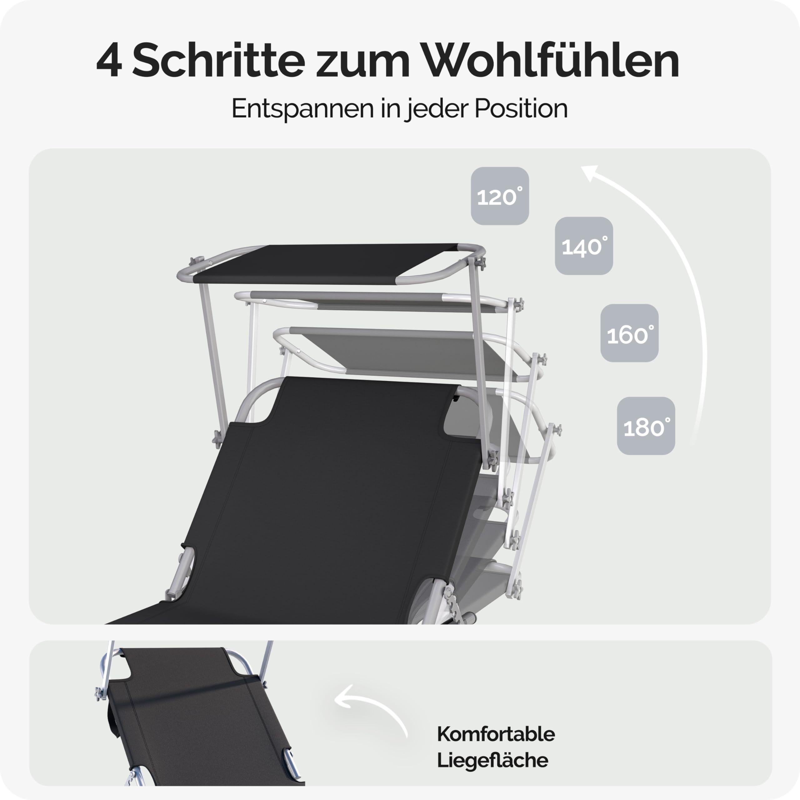Casaria Sonnenliege klappbar mit Sonnendach wetterfest Grau | Aluminium, 190x60 cm, 130 kg Belastbar, tragbar, Garten, Pool, belastbar, Liegestuhl, Klappliege
